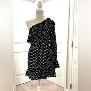 Belted- One shoulder black & white polka dot frill dress -size 10 from Nasty Gal